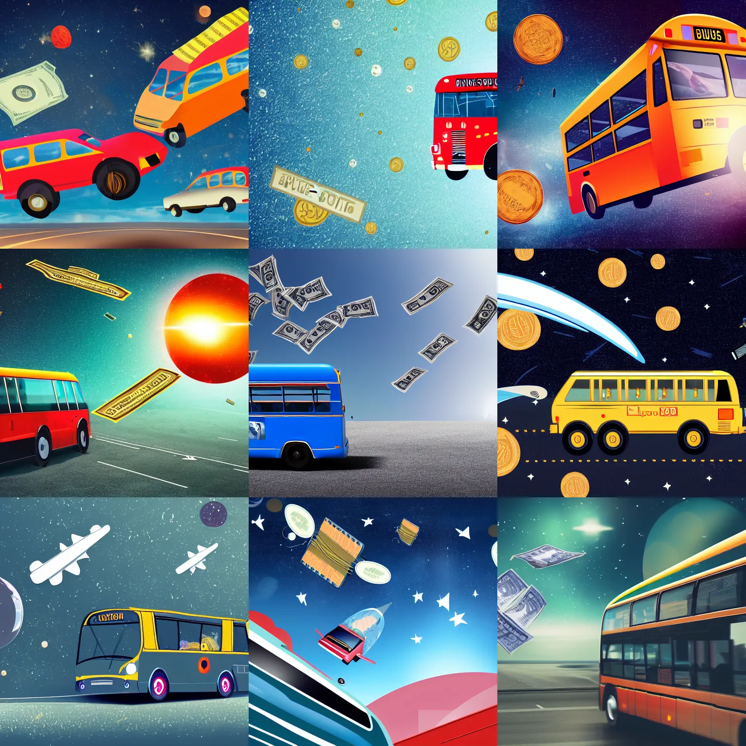 Prompt: a bus driving in outer space with money flying out of the bus windows. illustrated, high resolution 4k