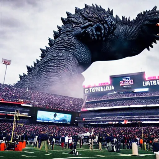 Prompt: Godzilla attacking Gillette Stadium as coach Belichick desperately tries to defend it