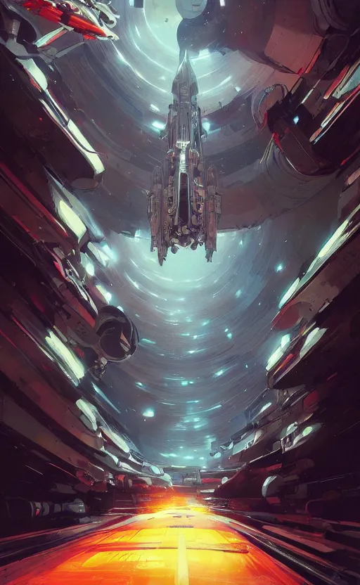 Image similar to a beautiful artwork illustration, spaceship hyperdrive speed, high contrast, high contrast, high contrast, high saturation, by Greg Rutkowski and Jesper Ejsing and Raymond Swanland, featured on artstation, wide angle, vertical orientation