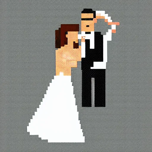 Prompt: pixel art of a groom with stubble and bride with dark hair dancing in a sunny day