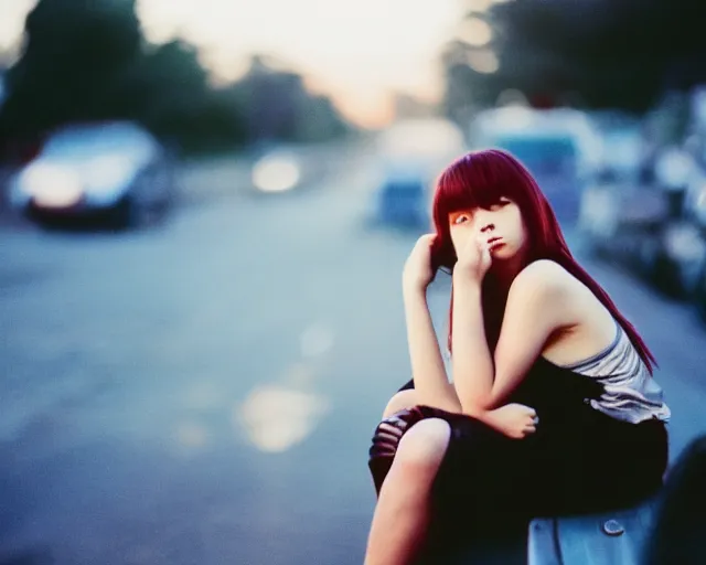 Image similar to lomo photo of shy goth girl sitting in empty bus, sunset, cinestill, bokeh