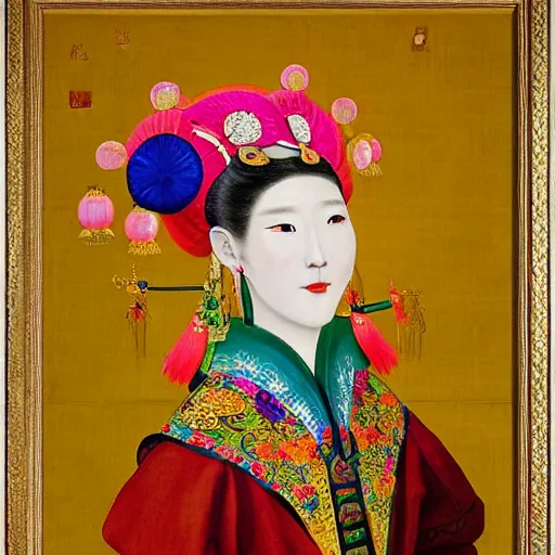 Image similar to impressive colorful portrait of a high fashion wudan girl in a chinese opera headdress, renaissance painting