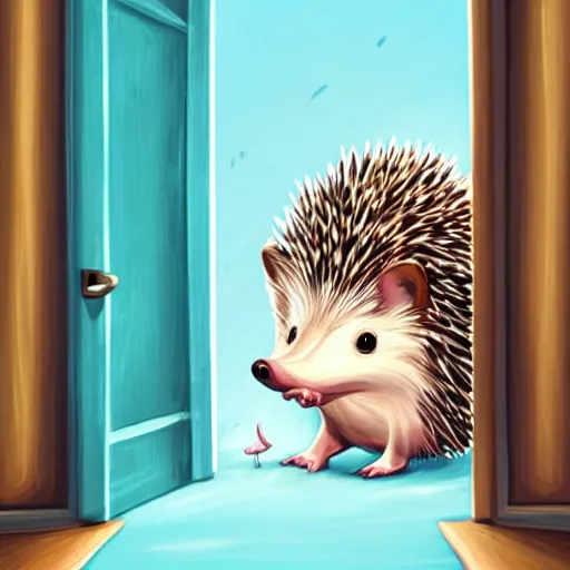 Image similar to cute adorable hedgehog opening the door, shy hedgehog, blushing, waving, smiling, cute, hedgehog, by cyril rolando