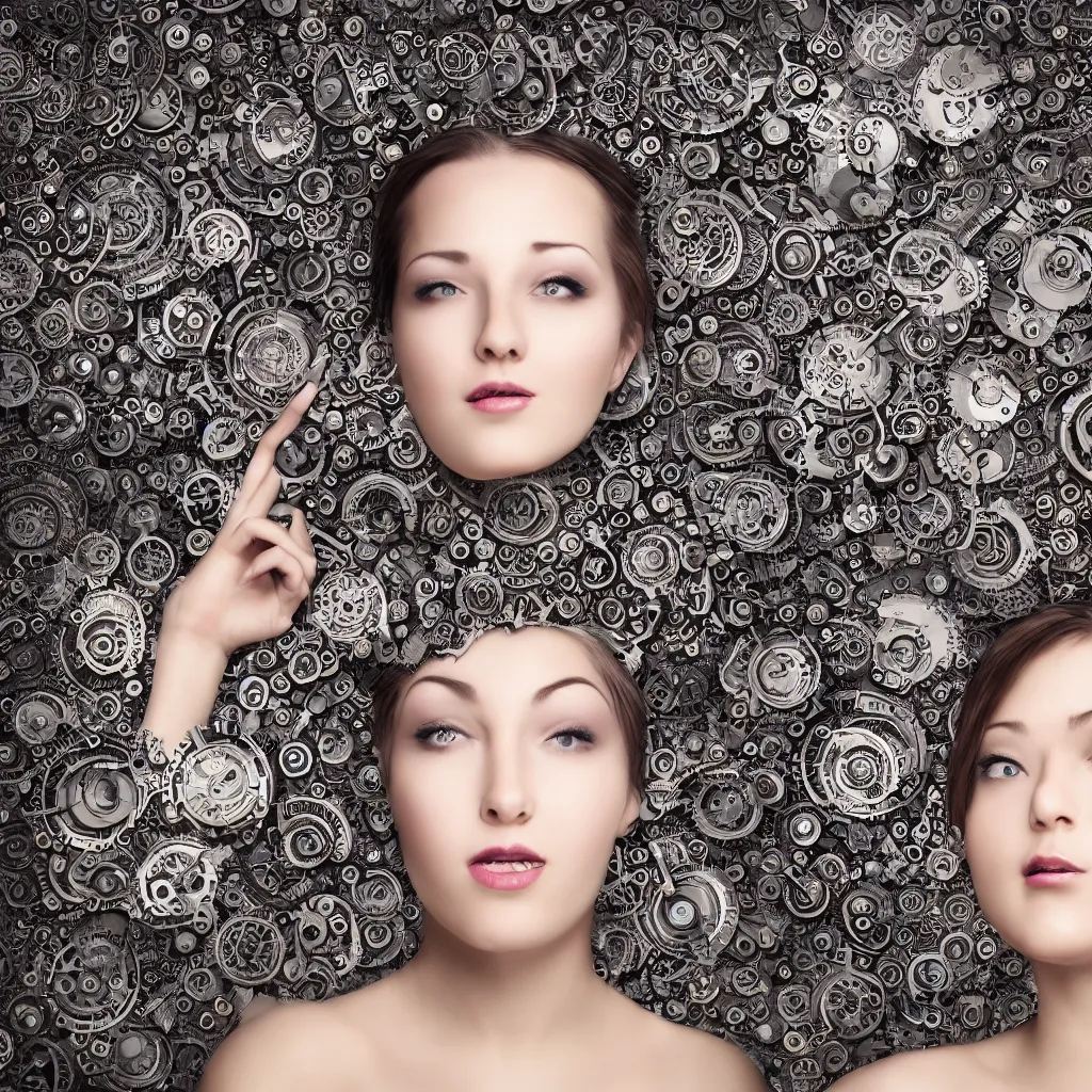 Prompt: 8 5 mm, beautiful frontal face portrait of a woman, euphoric expression, inspirational, 1 5 0 mm, mechanical skin, paisleys, mandelbrot fractal hair, robot eyes, symmetric, intricate, highly detailed,