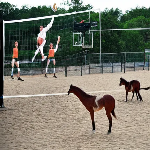 Image similar to horses and a velociraptors playing volleyball