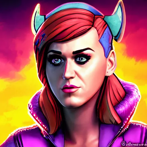 Image similar to katy perry portrait, borderlands, tales from the borderlands, the wolf among us, comic, cinematic lighting, studio quality, 8 k