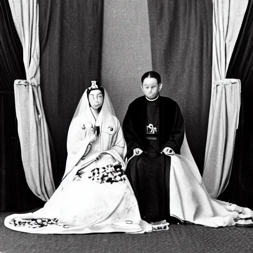 Image similar to A medium wide shot, colored black and white Russian and Japanese mix historical fantasy photographic portrait of a Royal wedding of the empress and emperor curtsying to the Priestess and Priest, golden hour, warm lighting, 1907 photo from the official wedding photographer for the royal wedding. cinema, hyper realistic, ultra realistic, photorealistic, facial actuary.