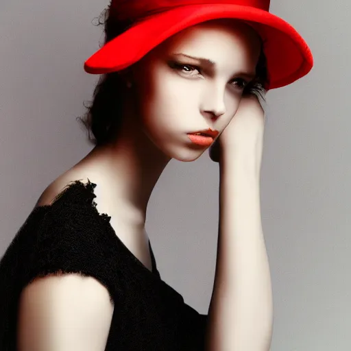 Image similar to half - length portrait of girl in a red hat and black dress, fine art portrait photography by paolo roversi, volumetric lighting, very detailed, high resolution,