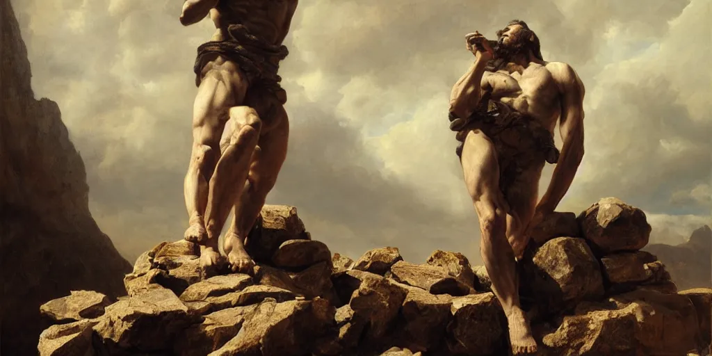 Prompt: highly detailed painting of a men made of rocks, big rocks, sharp focus, dramatic scene, aesthetic, dynamic lighting, elegant, harmony, masterpiece, by roberto ferri, high quality