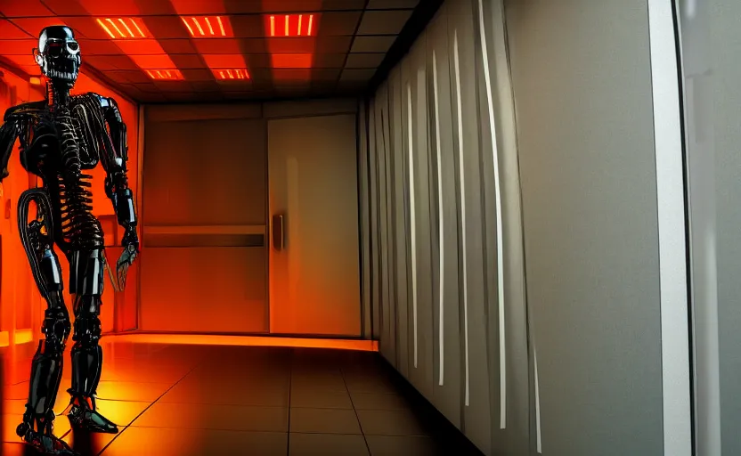 Image similar to terminator without flesh, staying in front of data center room. extreme long shot, high detail, cinematic colors