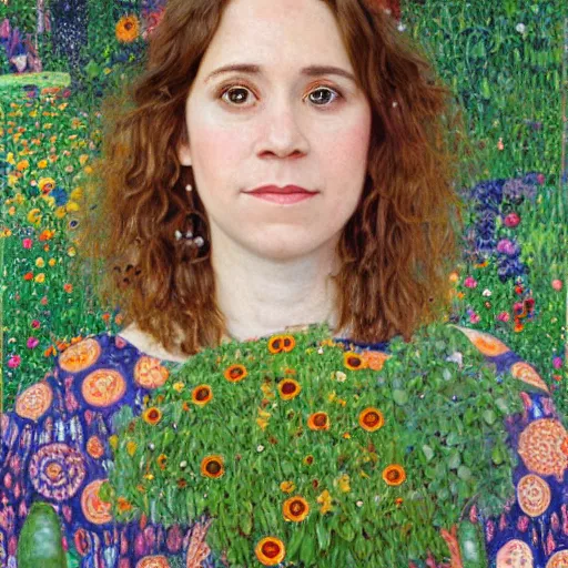 Prompt: a portrait of female asa Butterfield mixed with pam beesly, happy, surrounded by plants, by gustav klimt