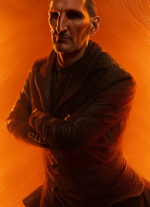 Image similar to portrait of christopher eccleston, intricate, elegant, glowing lights, highly detailed, digital painting, artstation, concept art, smooth, sharp focus, illustration, art by wlop, mars ravelo and greg rutkowski