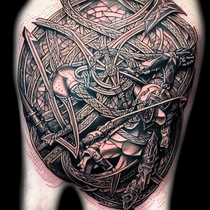 shaded tattoo, minimalist, knotwork with center viking | Stable Diffusion