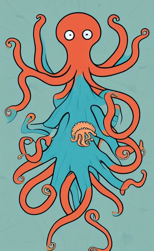 Image similar to highly detailed illustration of octopus holding hamburger, poster, symmetrical, 8 k, trending