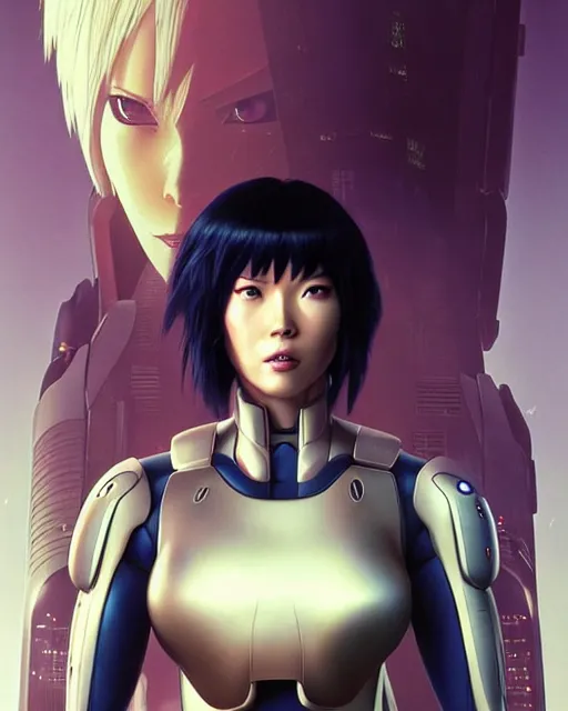 Image similar to weta disney pixar movie still portrait photo of motoko kusanagi ghost in the shell : : as cyborg woman by pixar : : by weta, wlop, ilya kuvshinov, rossdraws, artgerm, marvel, maxim cover, latex, octane render, sweaty, iridescent, bright morning, anime, liosh, mucha : :