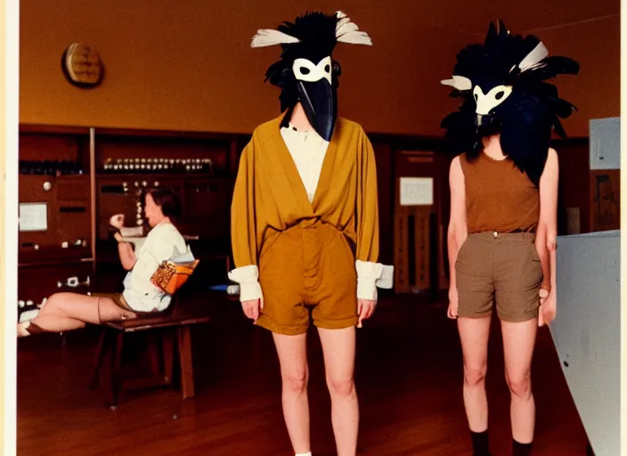 Image similar to realistic photo portrait of the team, brown mustard cotton fluffy shorts, crow mask face, wooden polished and fancy expensive wooden science laboratory hall interior 1 9 9 0, life magazine reportage photo, twin peaks by david lynch