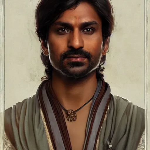 Image similar to male indian physician as a game of thrones character, wearing a stethoscope, highly detailed digital painting, artstation, concept art, smooth, sharp focus, illustration, art by artgerm and greg rutkowski and alphonse mucha