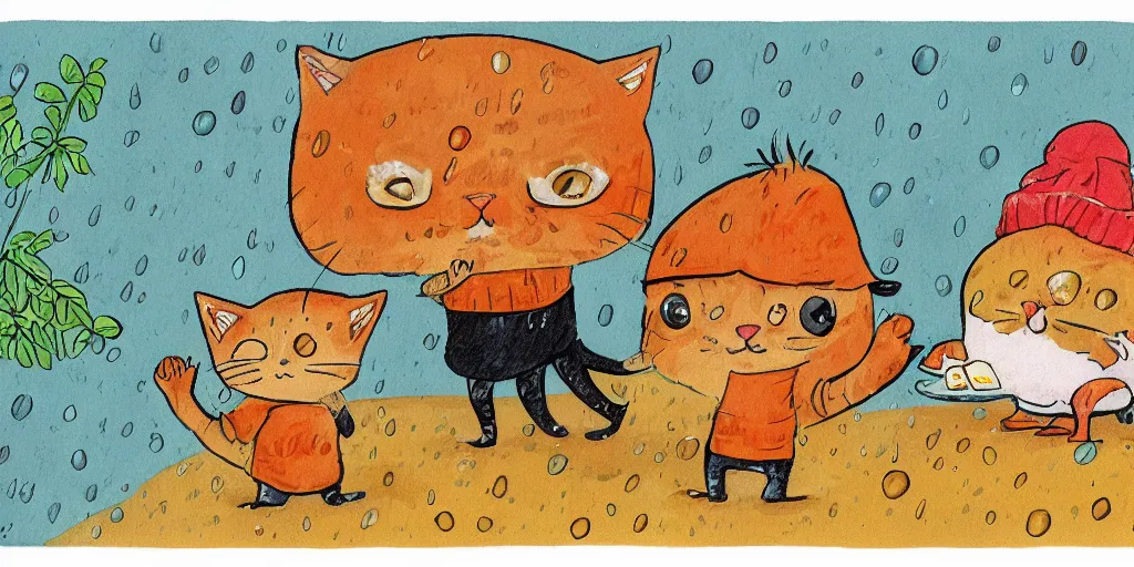 Image similar to a bearded man and an orange tabby kitten standing in the rain by richard scarry