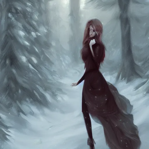 Prompt: a painting of a woman in a snowy forest, a digital painting by Charlie Bowater, featured on cgsociety, fantasy art, detailed painting, artstation hd, ilya kuvshinov