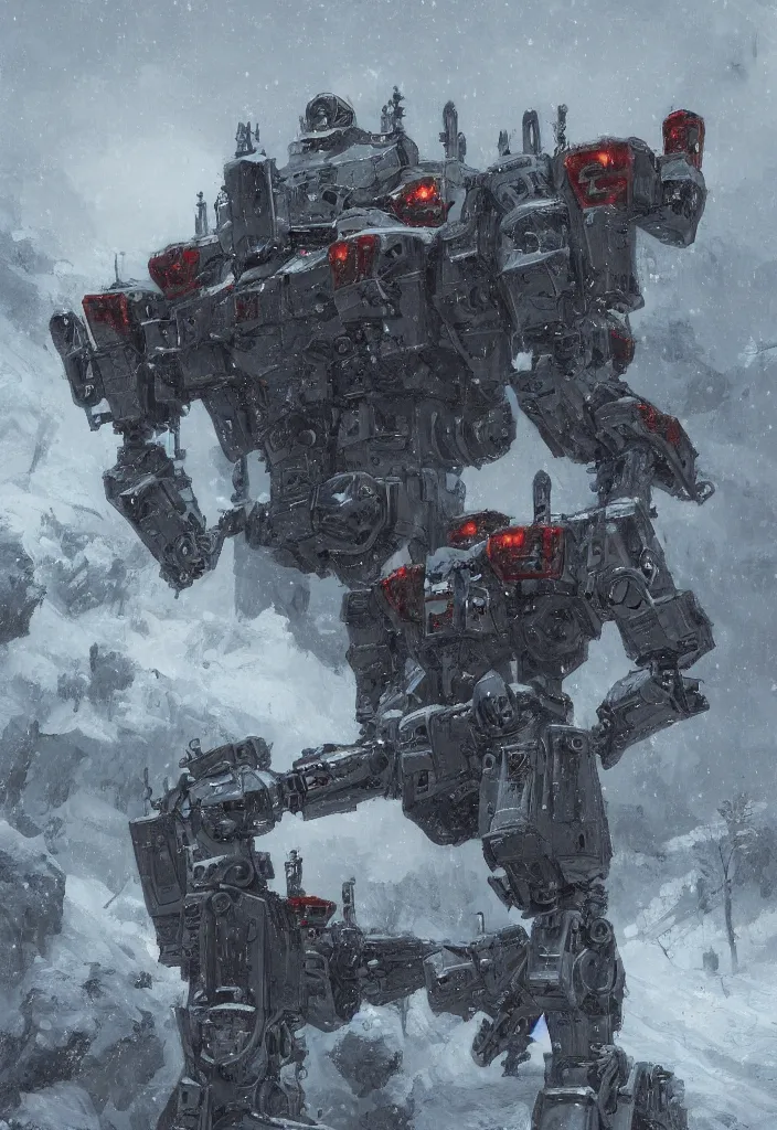 Image similar to Digital Art of a 1914 Mecha in the snow, Rozalski, trending on artstation