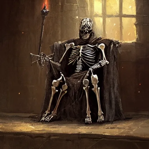 Portrait of a skeleton king sitting on the throne