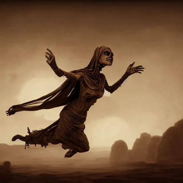 Image similar to photorealistic sepia painting of a flying mummy in a power pose, nabatean writing on the bones, atmospheric lighting, brooding, painted, intricate, ultra detailed, well composed, best on artstation, cgsociety, epic, horror, stunning, gorgeous, intricate detail, much wow, masterpiece, cinematic aesthetic octane render, 8 k hd resolution,