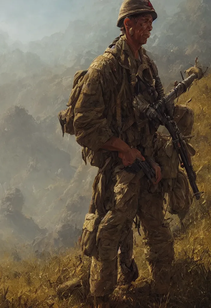 Image similar to character portrait of a vietnam war american soldier in a thematic landscape, backwards, in the style of greg rutkowski, darek zabrocki, marcin rubinkowski, lorenzo lanfranconi, oleg zherebin, karlkka, trending on artstation