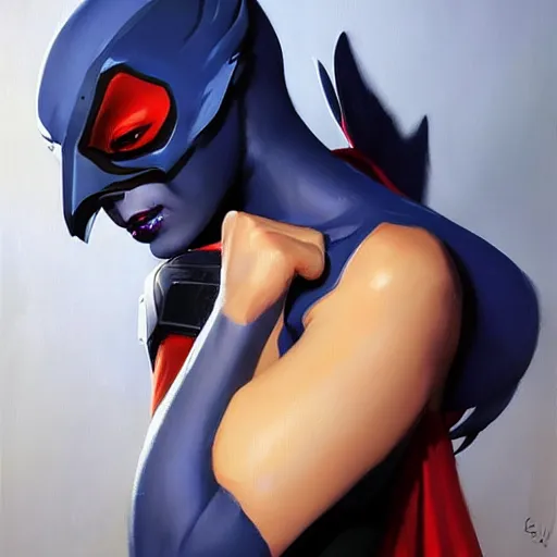 Image similar to greg manchess portrait painting of raven darkholme alias mystique as overwatch character, medium shot, asymmetrical, profile picture, organic painting, sunny day, matte painting, bold shapes, hard edges, street art, trending on artstation, by huang guangjian and gil elvgren and sachin teng