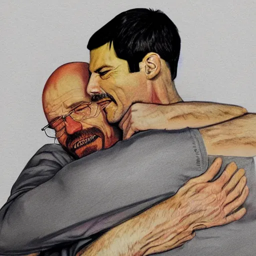 Image similar to freddie mercury hugging walter white, sketch, insanely detailed