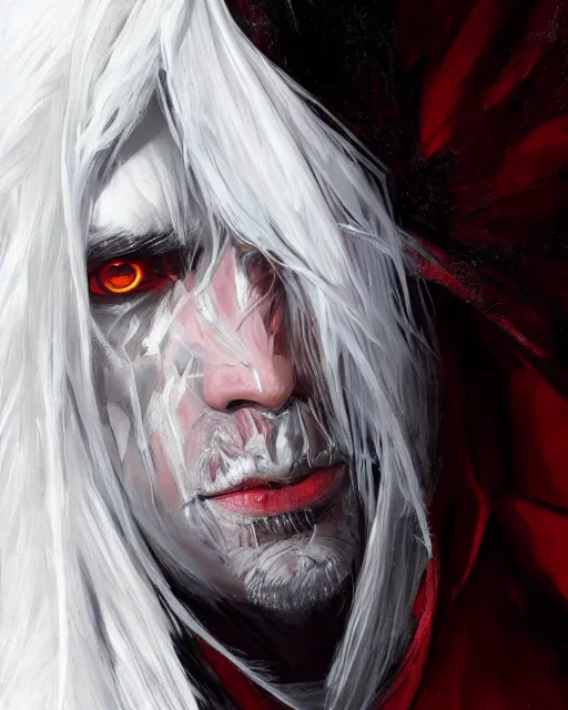 Prompt: '' Portrait of a blood warlock with white hair, dark theme, white long hair, fangs, bone wings,dark cape, dark eyes, dark red background, high detail, 4k , digital painting, artstation, concept art, sharp focus, illustration, art by greg rutkowski and alphonse mucha ''