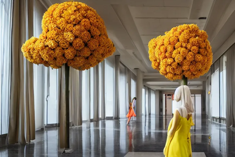 Prompt: giant flower head, girl walking in 1 9 6 0 hotel, surreal, symmetry, flat space, fanciful, hue, detailed, wes anderson