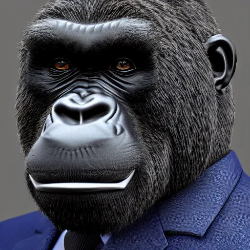 Prompt: a highly detailed portrait of an anthropomorphic gorilla wearing a well tailored business suit and tie, 8 k, 4 k, highly detailed, sharp,