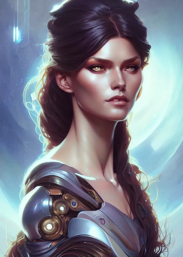 Image similar to futuristic woman portrait, sci-fi, amber eyes, face, long hair, fantasy, intricate, elegant, highly detailed, digital painting, artstation, concept art, smooth, sharp focus, illustration, art by artgerm and greg rutkowski and alphonse mucha