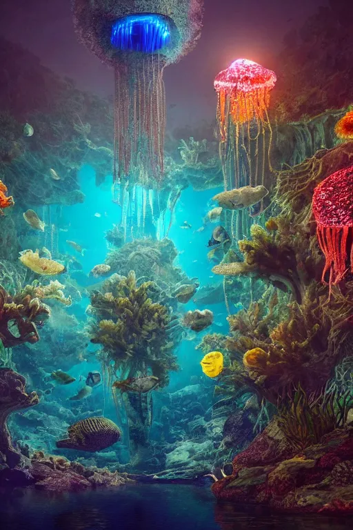 Prompt: high quality sharp photo of cinematic underwater dystopian byzantine city ruins with giant bioluminescent multicolor mutant plants and cyborg jellyfish, digital art masterpiece, aykut aydogdu eric zener, very dramatic volumetric light, long shot, ground angle uhd 8 k, deep focus