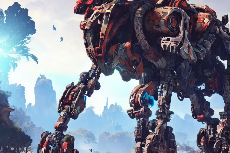 Image similar to scrapper machine mecha animal beast robot of horizon forbidden west horizon zero dawn bioluminiscence global illumination ray tracing hdr fanart arstation by sung choi and eric pfeiffer and gabriel garza and casper konefal