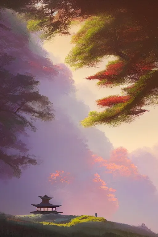 Image similar to Japanese Torii in a colorful moutain with trees ,morning , by Grzegorz Rutkowski, concept art