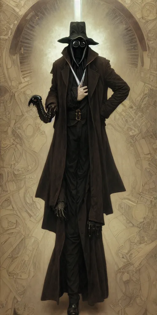 Image similar to portrait of man in black trench coat, wearing a steam punk plague doctor mask and a black top hat, highly detailed, artstation, concept art, by krenz cushart and donato giancola and william adolph bouguereau and alphonse mucha,