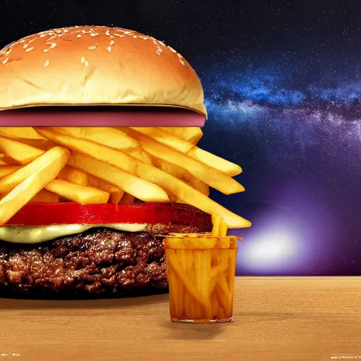 Prompt: a burger and fries and shake floating through space, realism, 4 k, galaxy, milky way, high detail