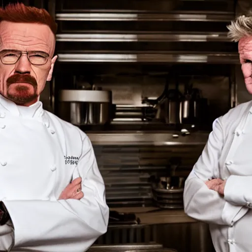 Image similar to walter white in a stareoff with gordon ramsay, high quality image