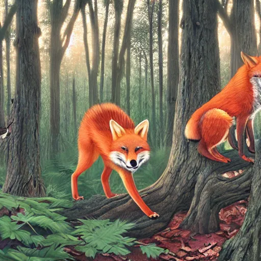 Image similar to a red fox and a ginger teen girl at dark forest where trees are huge, ultra realistic by ori toor and escher