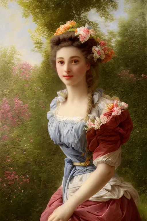 Image similar to queen of the garden full body portrait, loving amber eyes, a shy face, style portrait painting of François Boucher, Oil Painting, unreal 5, DAZ, hyperrealistic, octane render, Regal, Refined, Detailed Digital Art, RPG portrait, William-Adolphe Bouguereau, Michael Cheval, dynamic lighting, Highly Detailed, Cinematic Lighting, Unreal Engine, 8k, HD