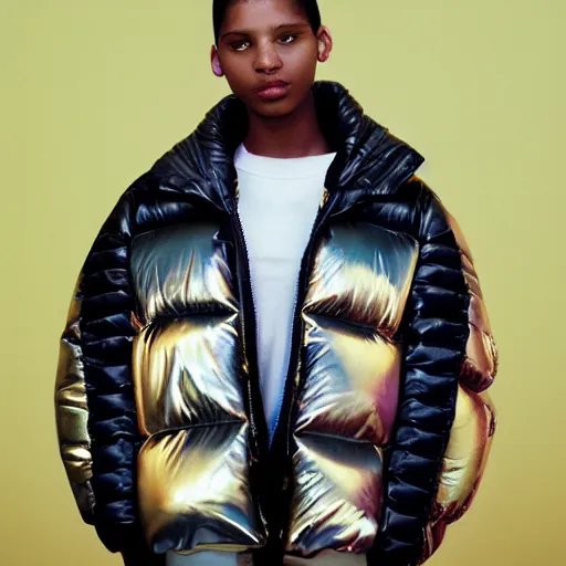 Image similar to realistic! photoshoot for a new balenciaga lookbook, color film photography, portrait of a beautiful woman wearing a puffer jacket, photo in style of tyler mitchell, 35mm