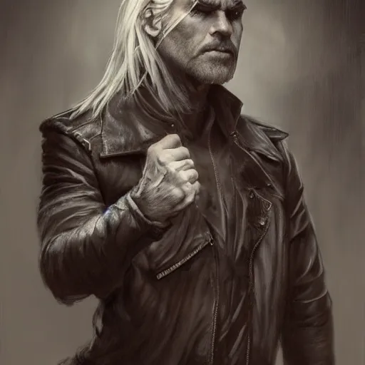 Image similar to portrait of a muscular, grim, ponytail haired blonde man in his late 30's, wearing a thick brown leather coat, looking to his side, scarred face, chiseled face, hunter, DnD character, fantasy character, dramatic lighting, high detail, graphite black and white by Ruan Jia, Krenz Cushart, Rossdraws and Boris Vallejo