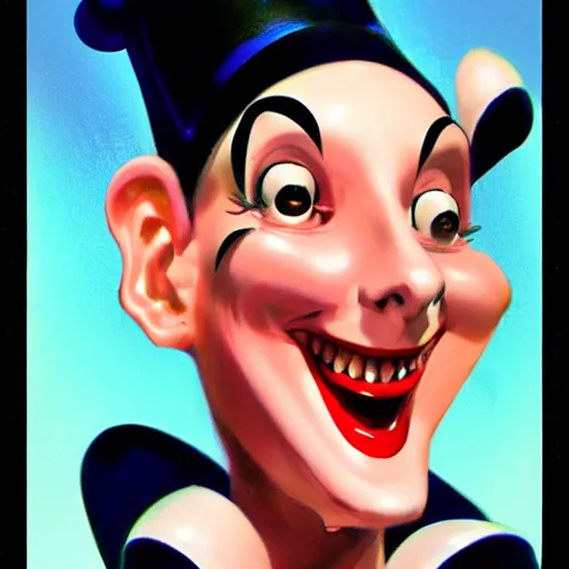 Prompt: a smiling mime, portrait, digital art, trending on artstation, vintage, retrofuturism, art by marc davis, marc davis artwork, poster