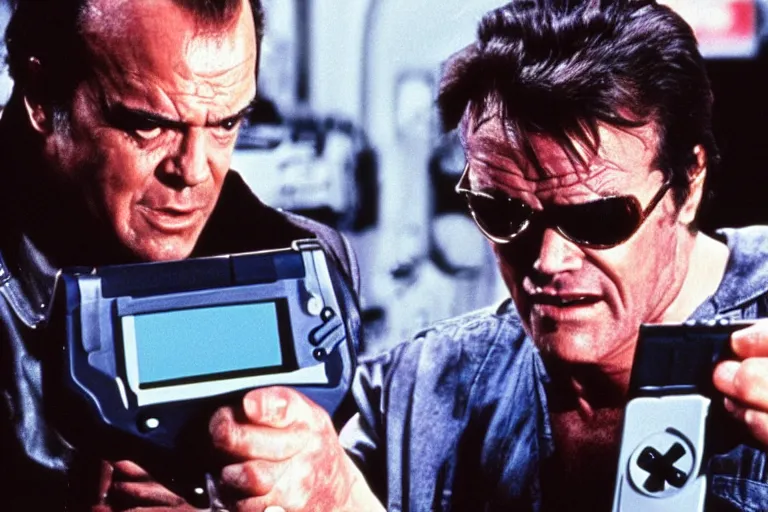 Image similar to Jack Nicholson as Terminator is playing with gameboy scene