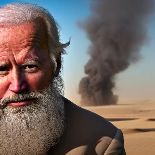 Image similar to 4 k portrait sony a 7 f 2. 8 wide angle of president joe biden as a taliban leader with a beard getting freaky in kuwait with sand storm desert lighting