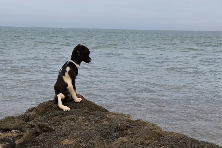 Image similar to a puppy is looking directly at the extreme water current below while it stands at an edge of a cliff