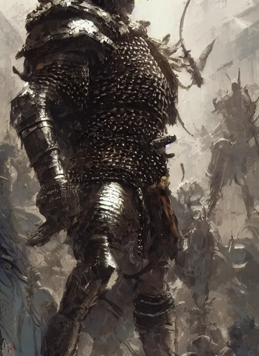 Image similar to ancient historically accurate depiction of the Bible Character Goliath of Gath, the Philistine warrior giant in ancient persian chainmail armor, dramatic lighting art by Yoji Shinkawa by Richard Schmid by greg rutkowski by Sandra Chevrier by Jeremy Lipking cinematic dramatic