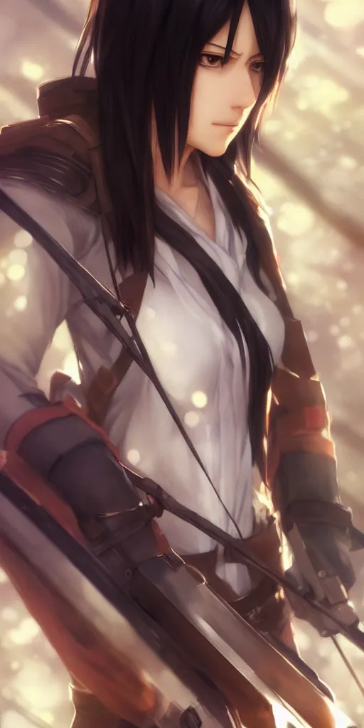 Image similar to mikasa ackerman, hero pose, medium shot, bokeh, beautiful face!!!!, 2 7 years old, cg animation, lifelike, animated, realistic, character select portrait, by artgerm, greg rutkowski, alphonse mucha, 3 d