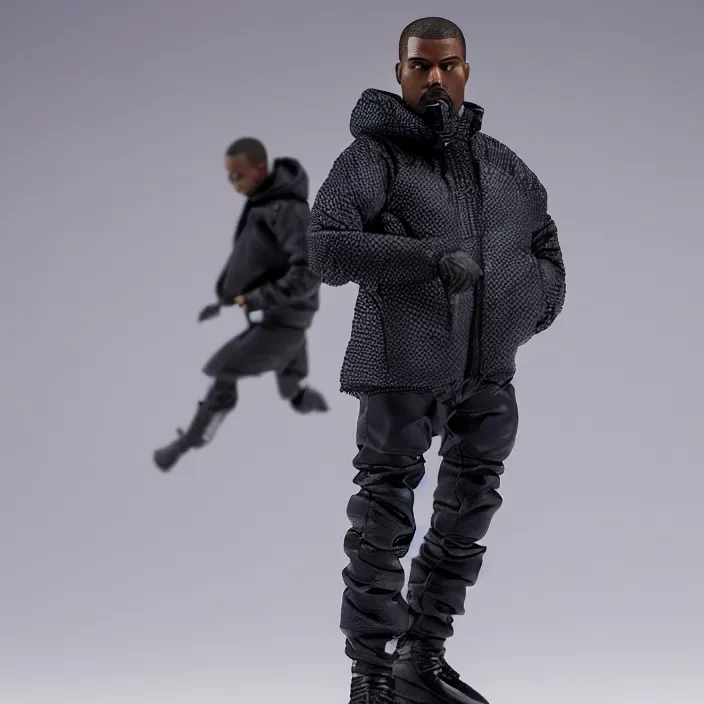 Image similar to a action figure of kanye west using full face - covering mask with small holes. a small, tight, undersized reflective bright blue round puffer jacket made of nylon. a shirt underneath. black jeans pants made of nylon. a pair of big rubber boots, figurine, detailed product photo, 4 k, realistic, acton figure, studio lighting, professional photo